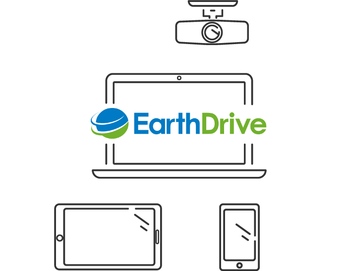 クラウド管理ソフト「Earth Drive」の対応機器イメージ。パソコン・タブレット・スマートフォン・ドライブレコーダー