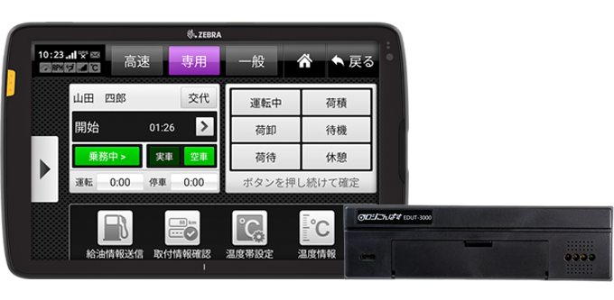 ロジこんぱす2の操作パネル（8インチタッチパネル）と車載器本体 EDUT-3000